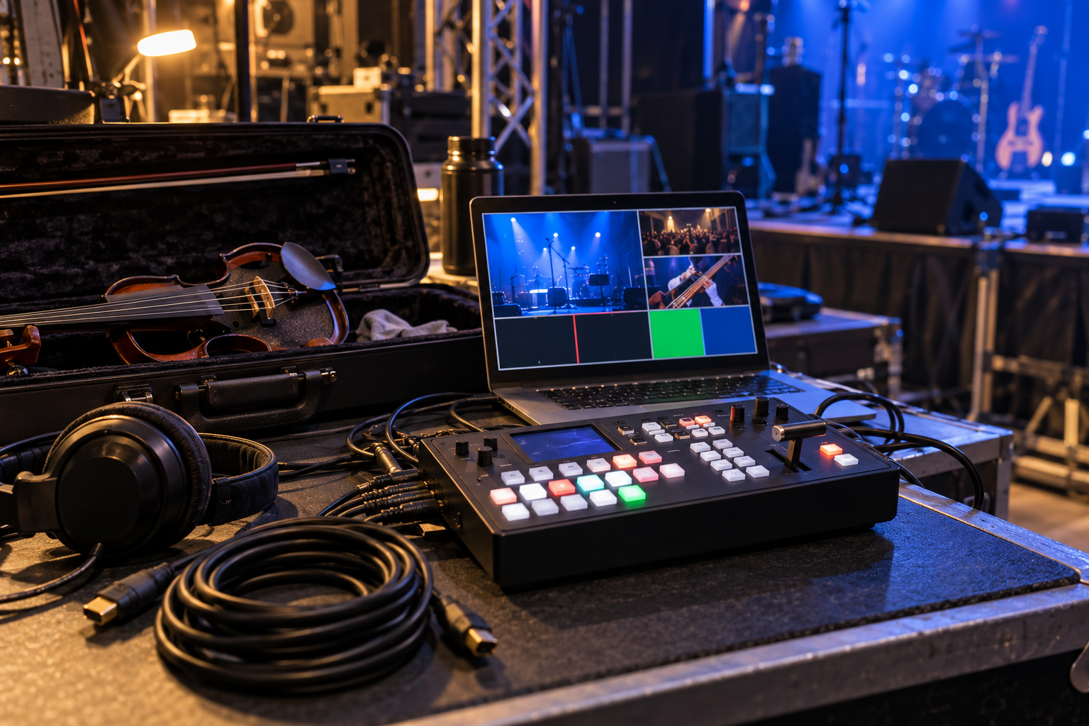 Backstage electric violin livestream комплект с compact switcher laptop и HDMI кабели
