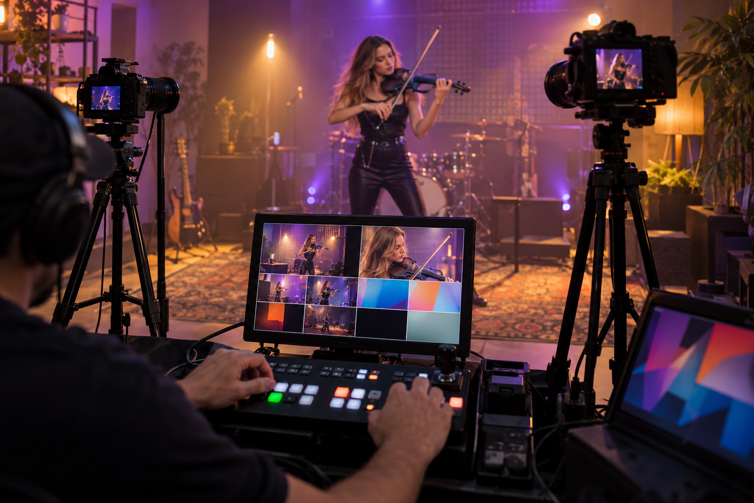 Electric violin livestream от позиция с multi-camera compact video switcher