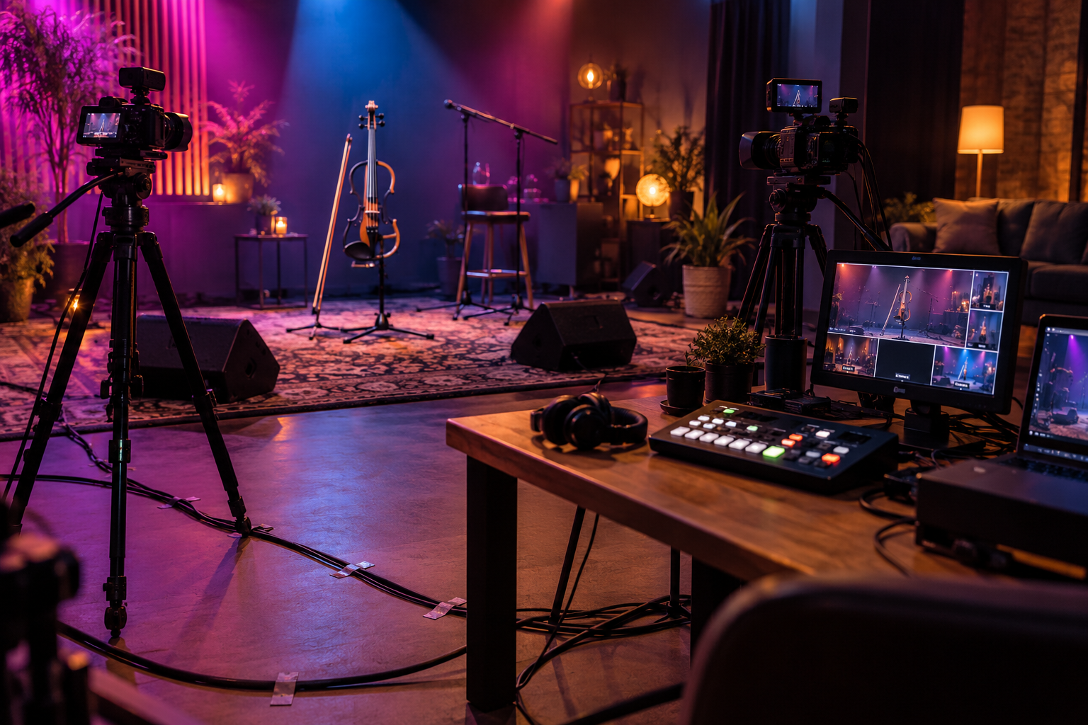 Готово electric violin livestream studio с cameras и compact video switching desk