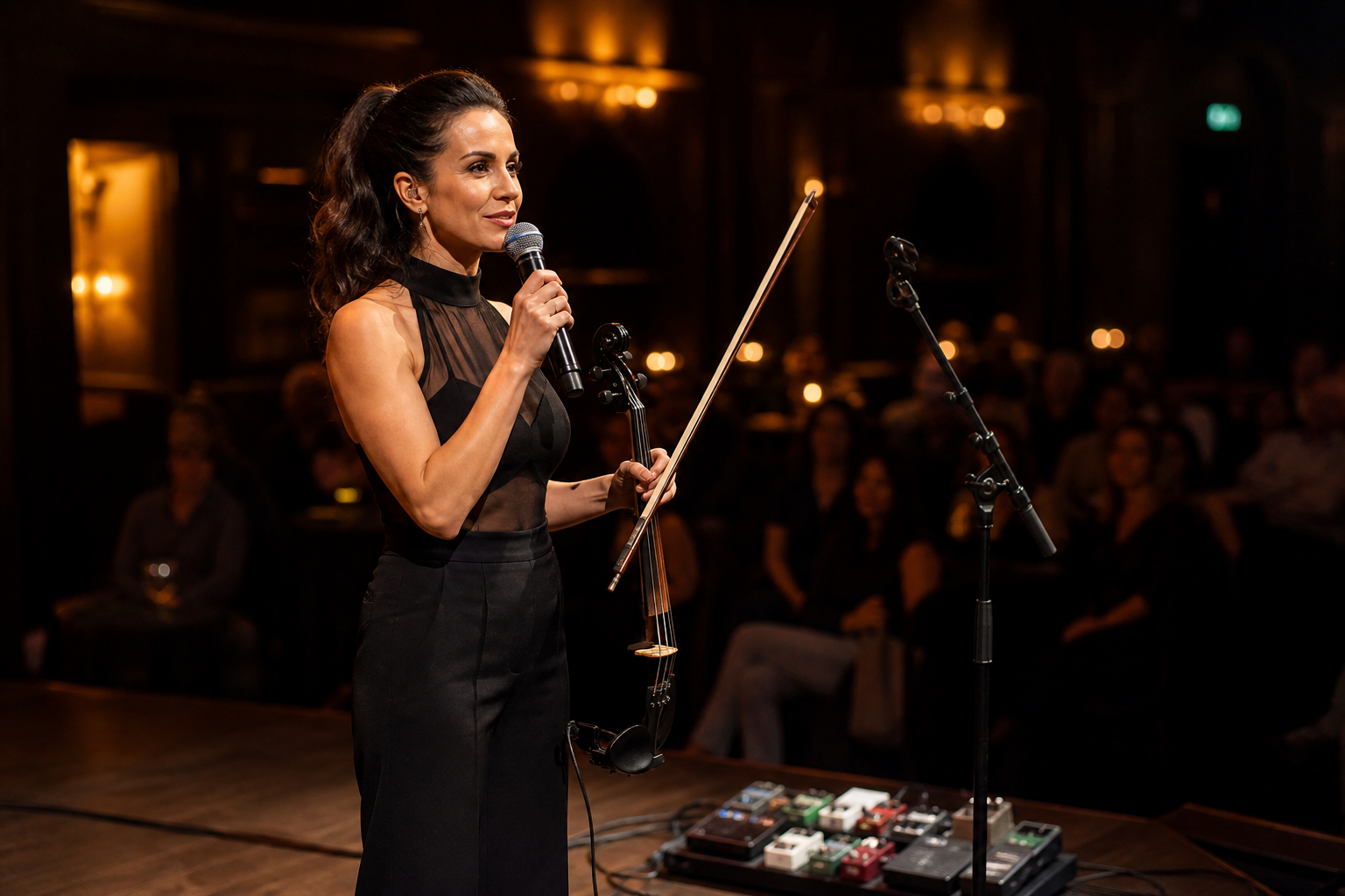 Electric violin артист, който говори на публиката с handheld supercardioid вокален микрофон до стойка и pedalboard