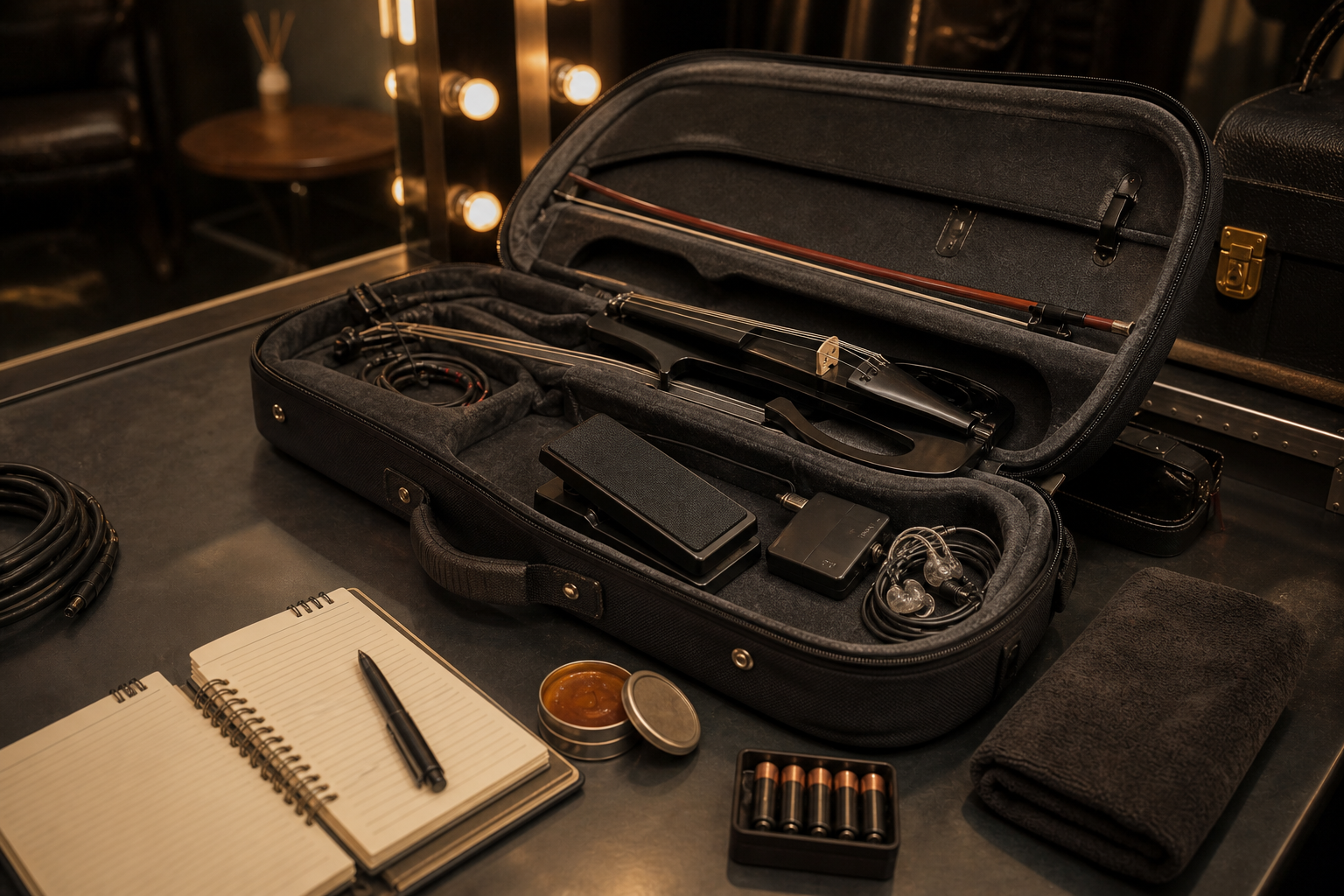 Отворен electric violin gig bag с компактен volume педал, wireless pack, in-ear monitors, кабели и бележник зад сцена