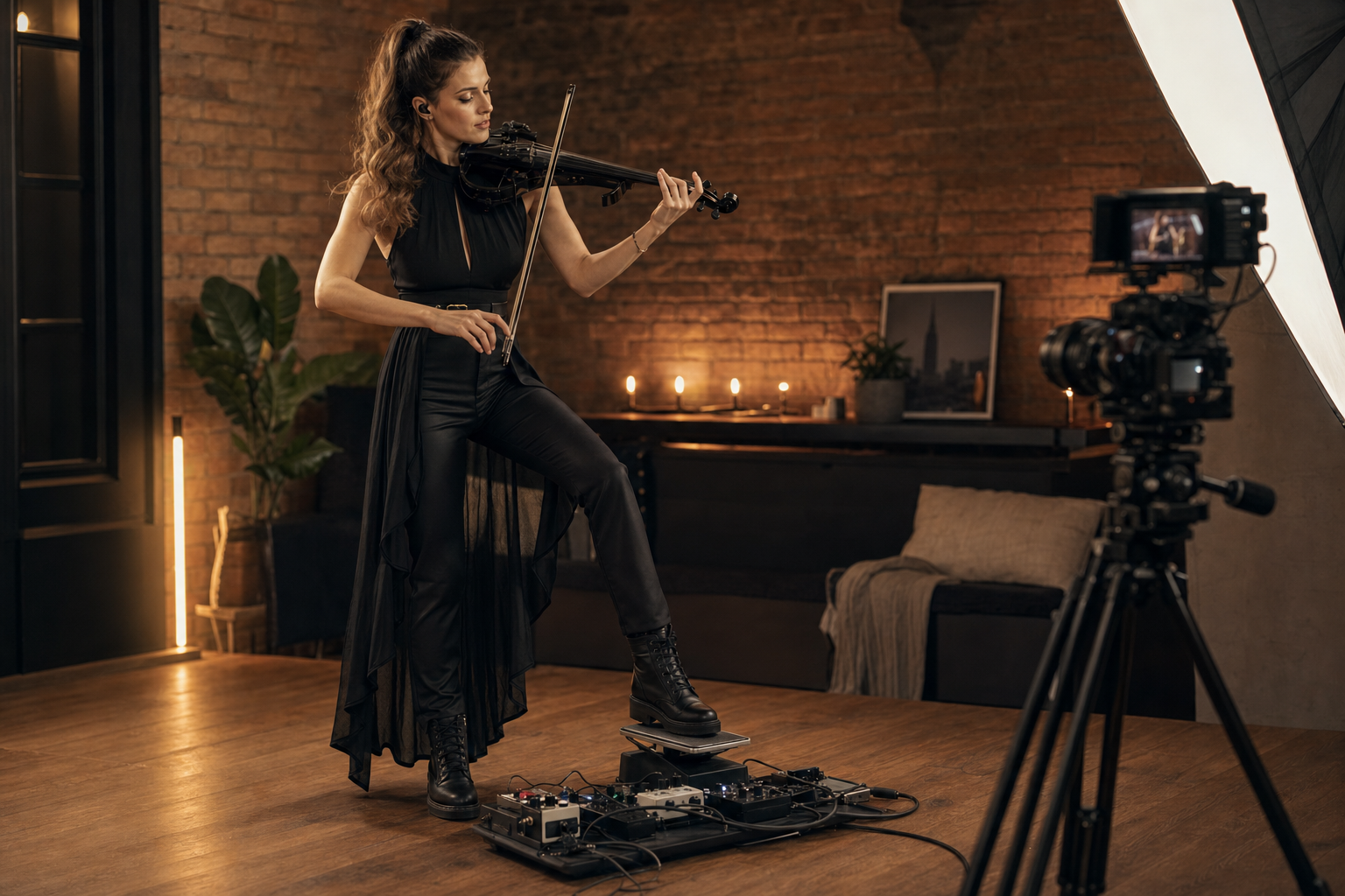 Electric violin content creator снима reel и контролира ambient swell-и с volume педал в loft студио