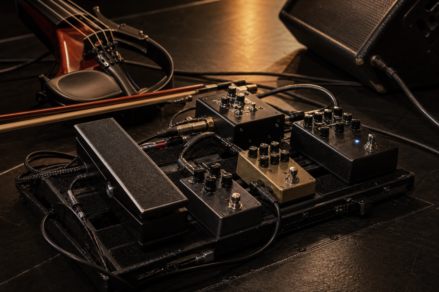 Close-up на electric violin pedalboard с компактен volume педал, DI box, кабели и лъкови аксесоари под топла venue светлина