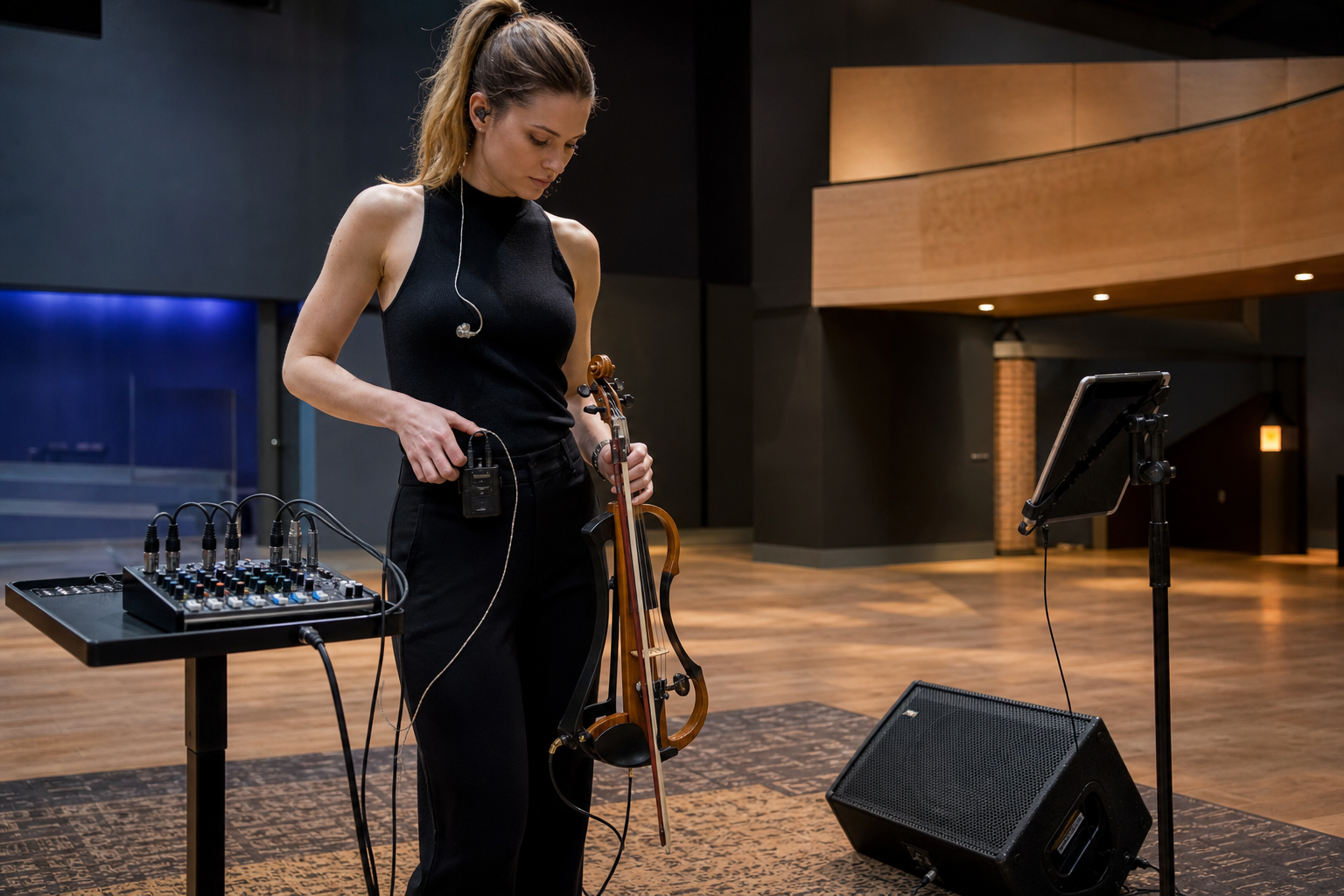 Electric violin изпълнителка на soundcheck до малък миксер, wedge monitor, tablet stand и wired monitor belt pack