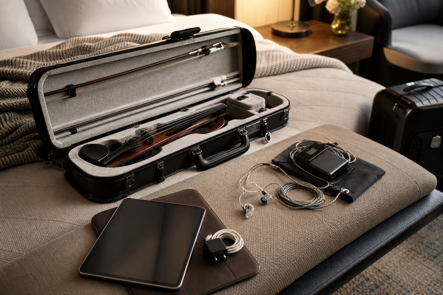 Travel-day хотелски setup с отворен electric violin калъф, прозрачни in-ear монитори, wired monitor belt pack, навити кабели и tablet за следващото участие
