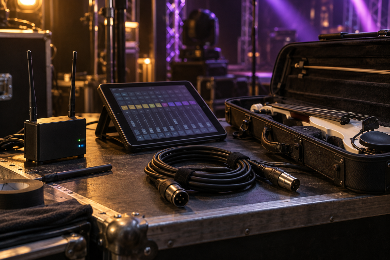 Wireless DMX transmitter и компактен lighting controller backstage до electric violin case