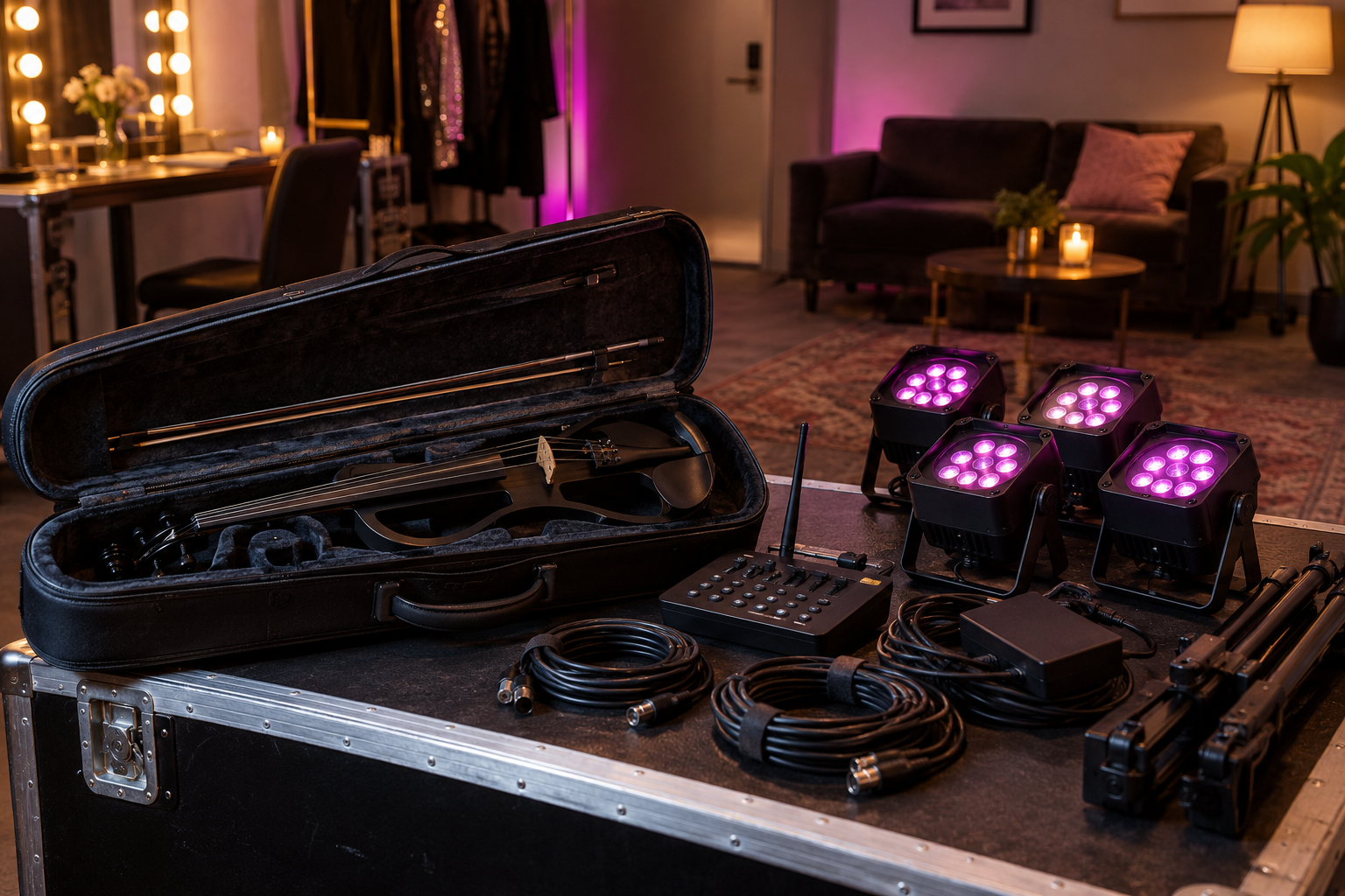 Travel-ready electric violin case с компактен wireless DMX lighting kit в venue green room