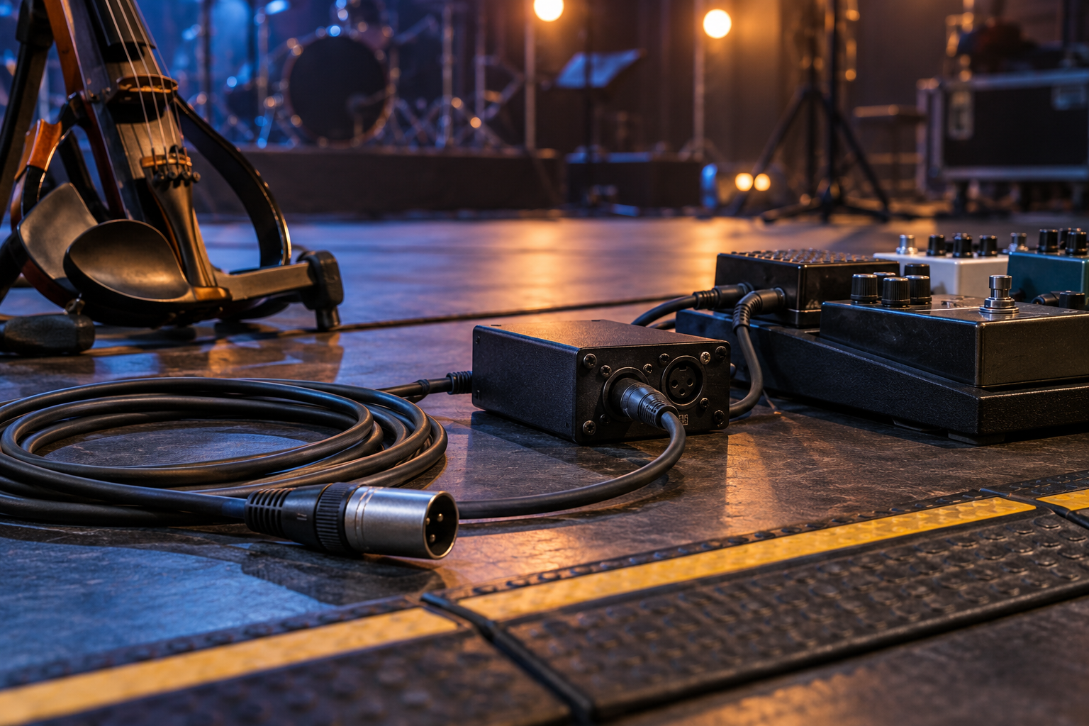 Балансиран XLR кабел direct box pedalboard и electric violin на подредена концертна сцена