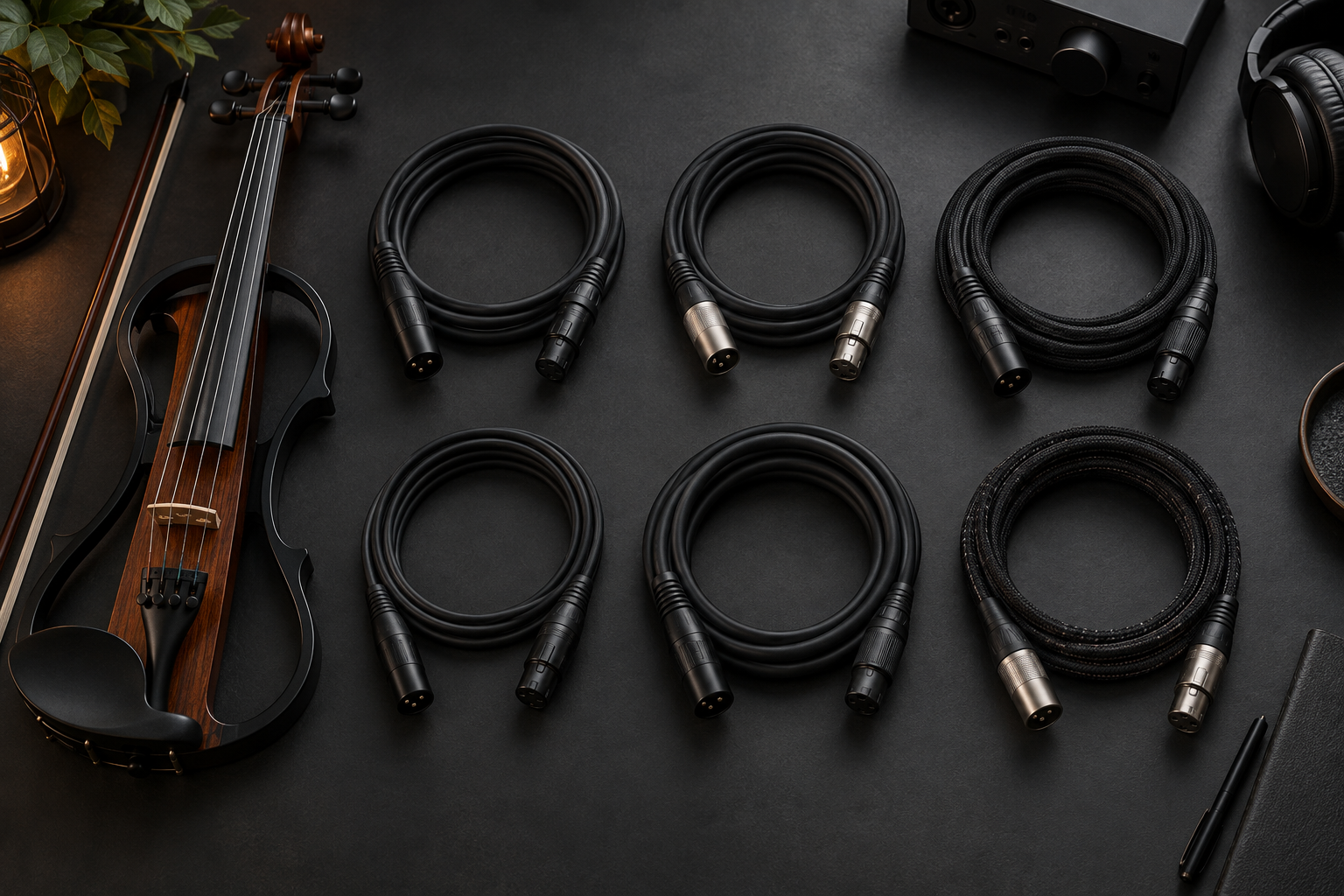 Шест общи балансирани XLR кабела до electric violin в premium recording workspace