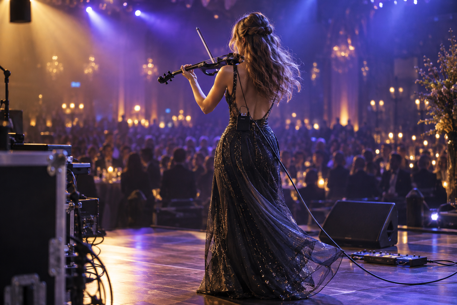 Electric violin performer свири на елегантна сцена с подреден балансиран кабелен маршрут към PA
