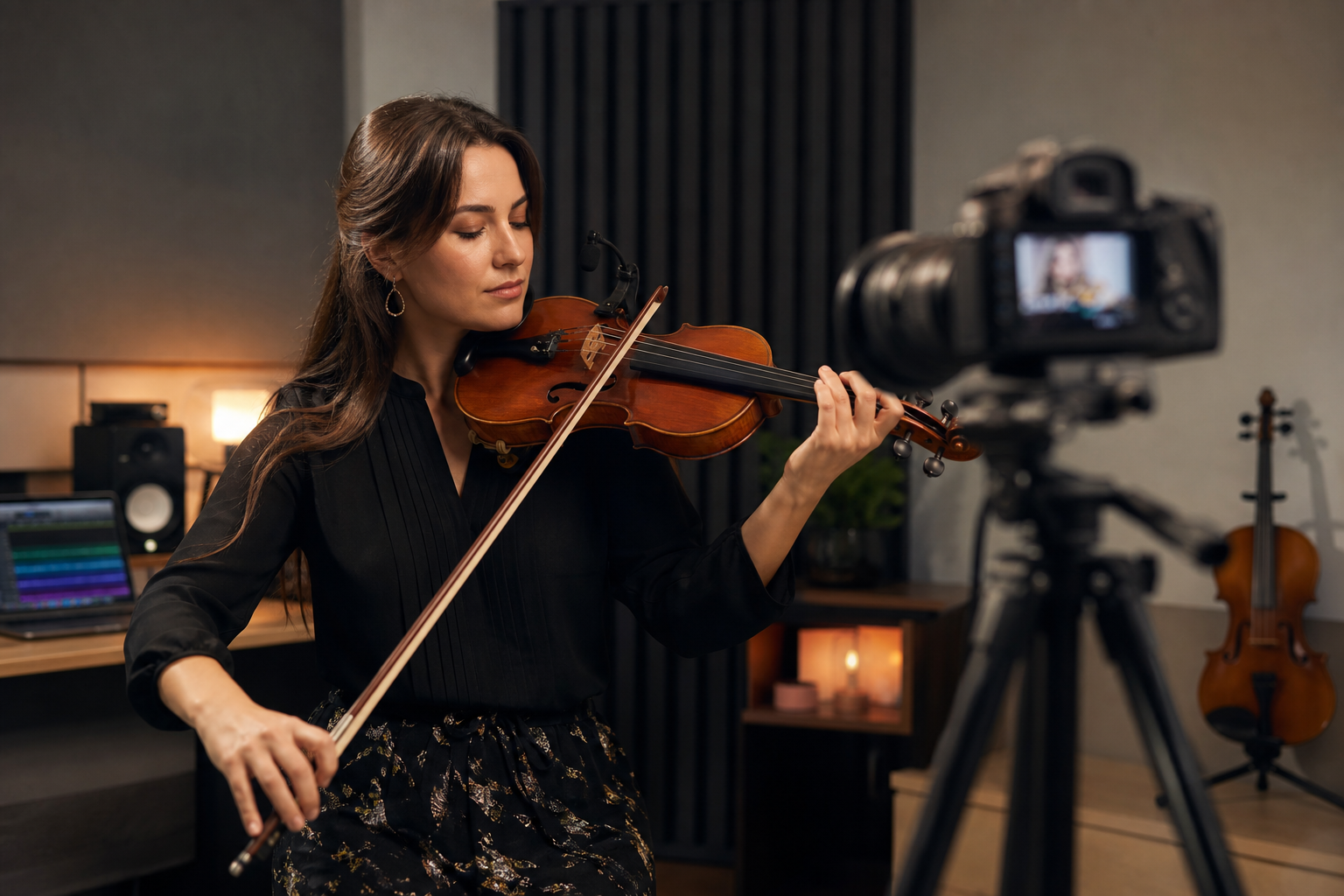 Violin content creator записва студийно performance видео с clip-on микрофон и камера
