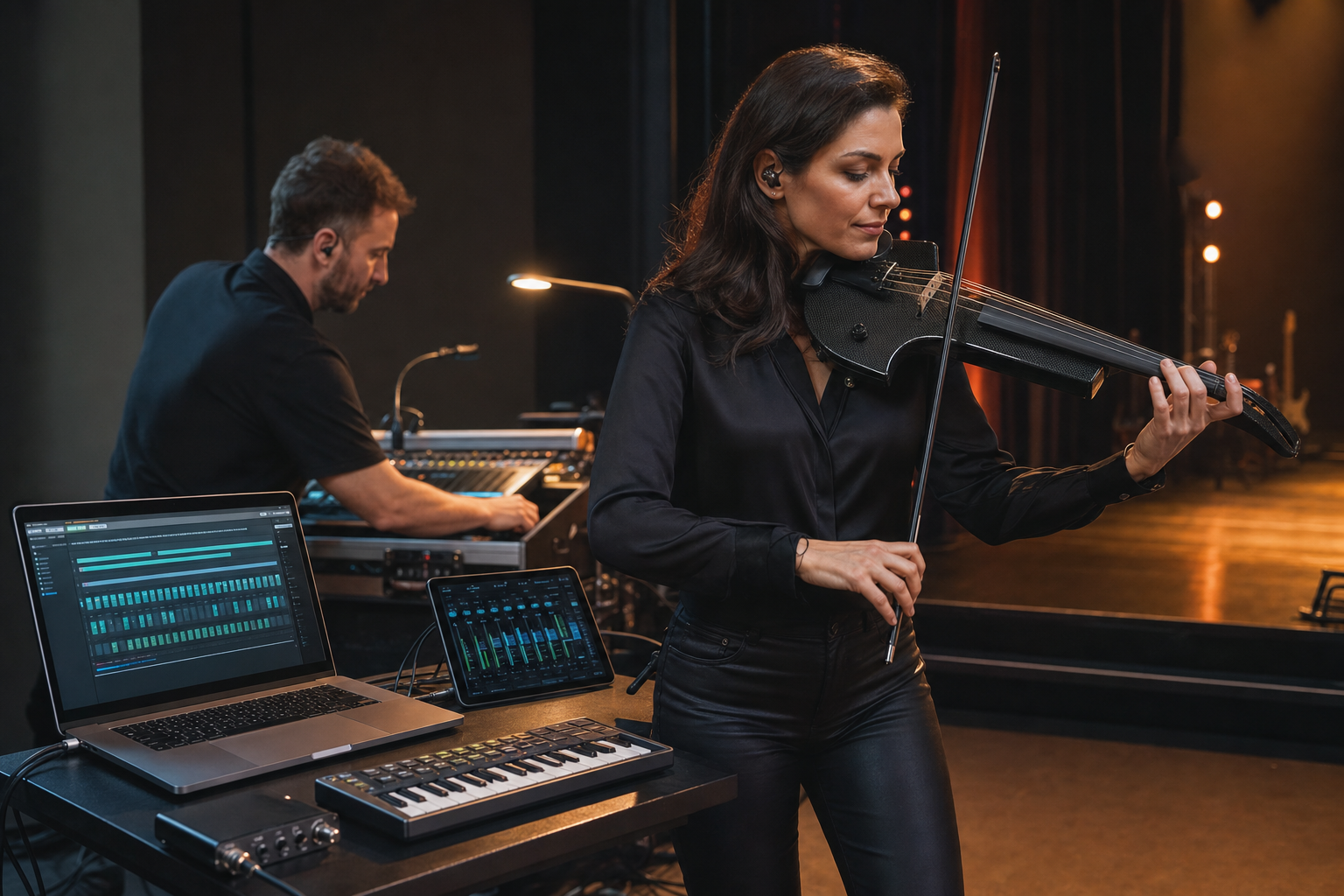Electric violin изпълнителка тества фрази до лаптоп, аудио интерфейс и мониторинг в фокусиран страничен сценичен риг