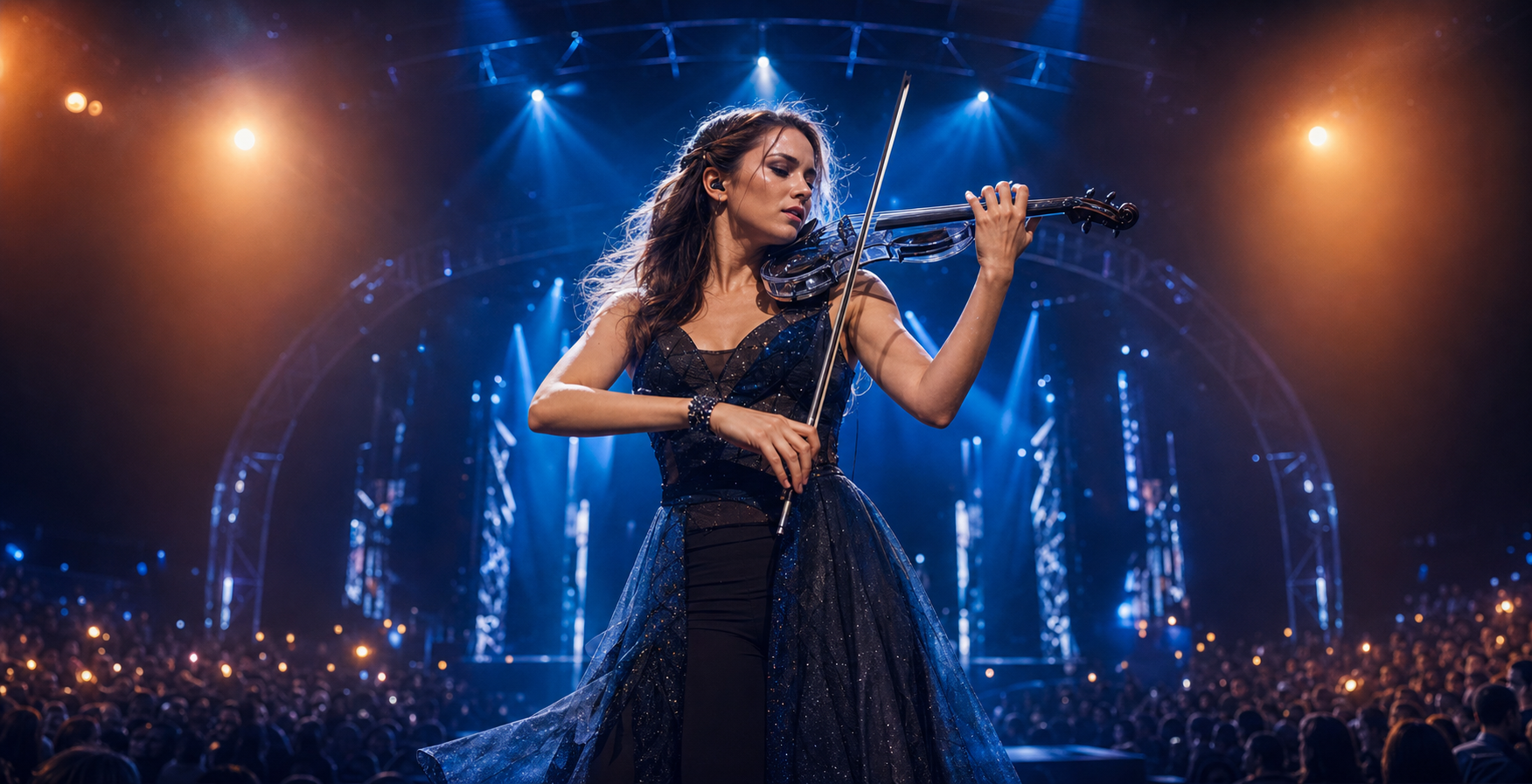 Динамична electric violin солистка свири на голяма театрална сцена под сини и кехлибарени туринг светлини