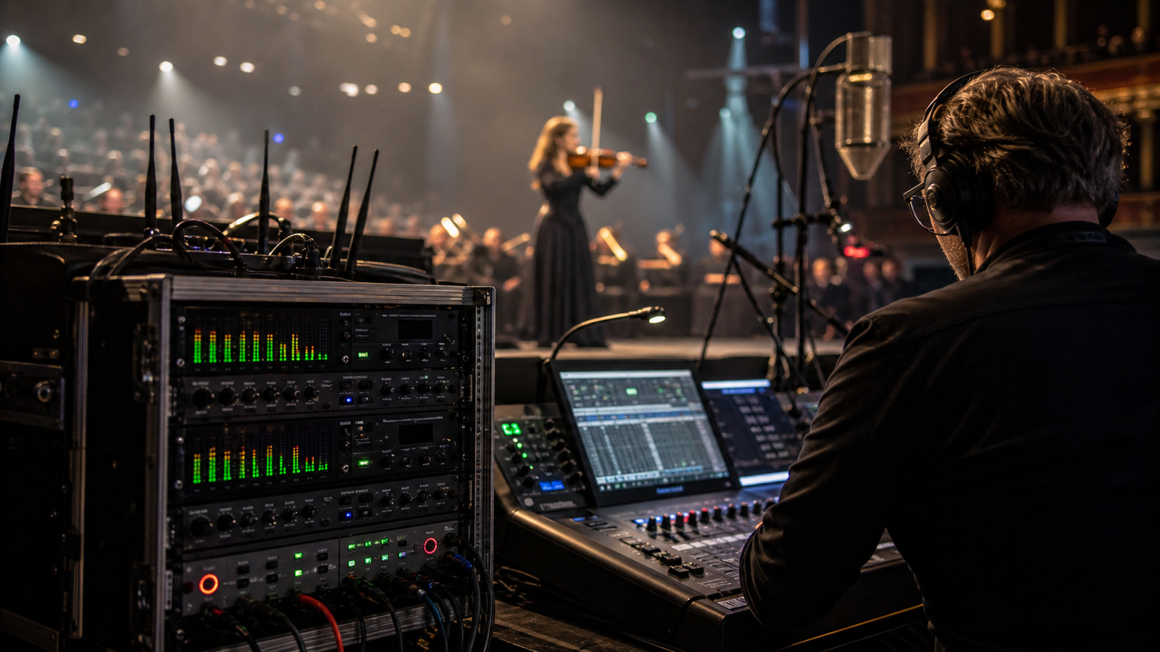 Side-stage live audio rack и инженер, докато цигулков солист свири на заден план