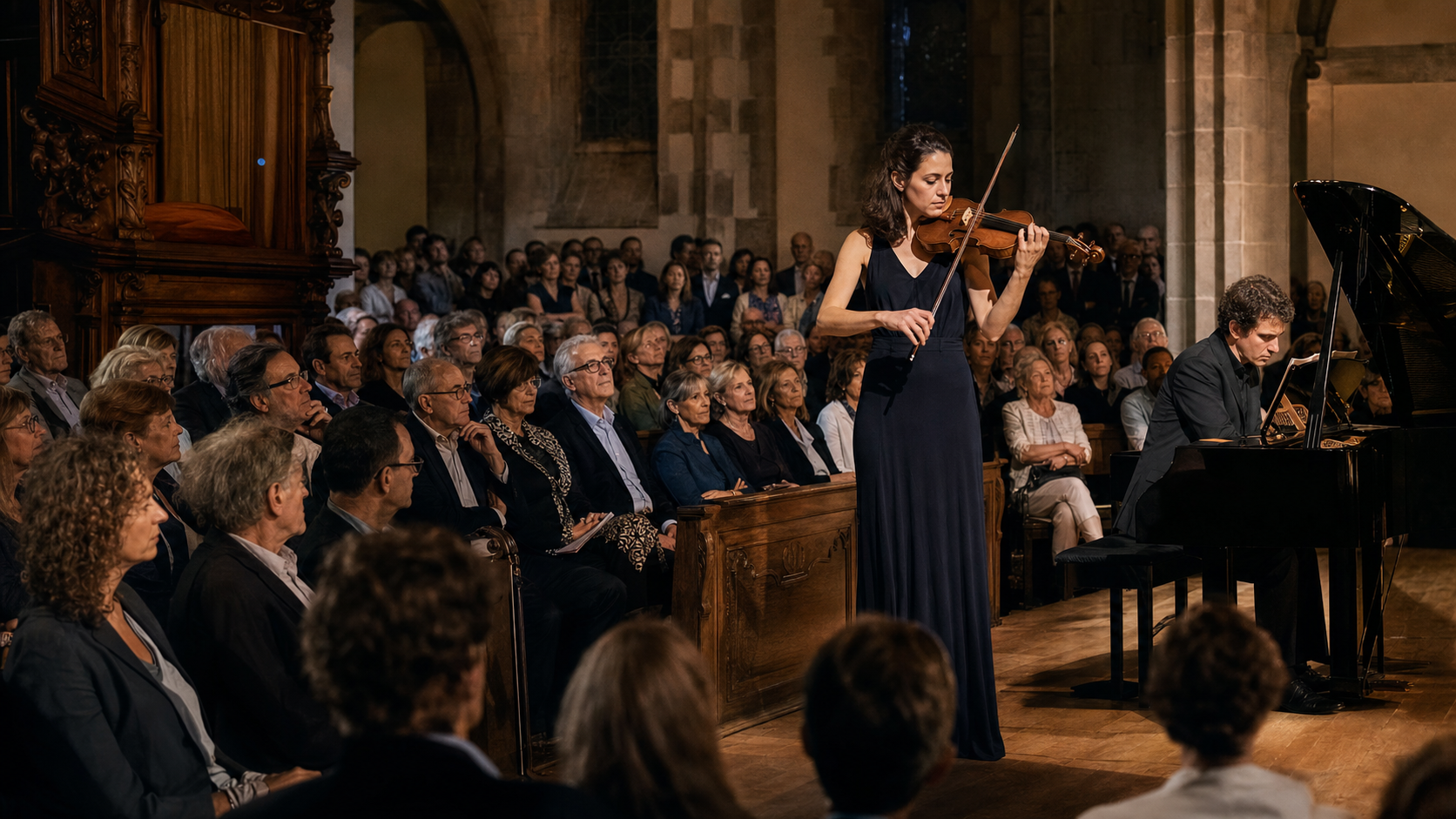 Редакционно изображение на пълна камерна зала с violin и piano дуо на близка дистанция