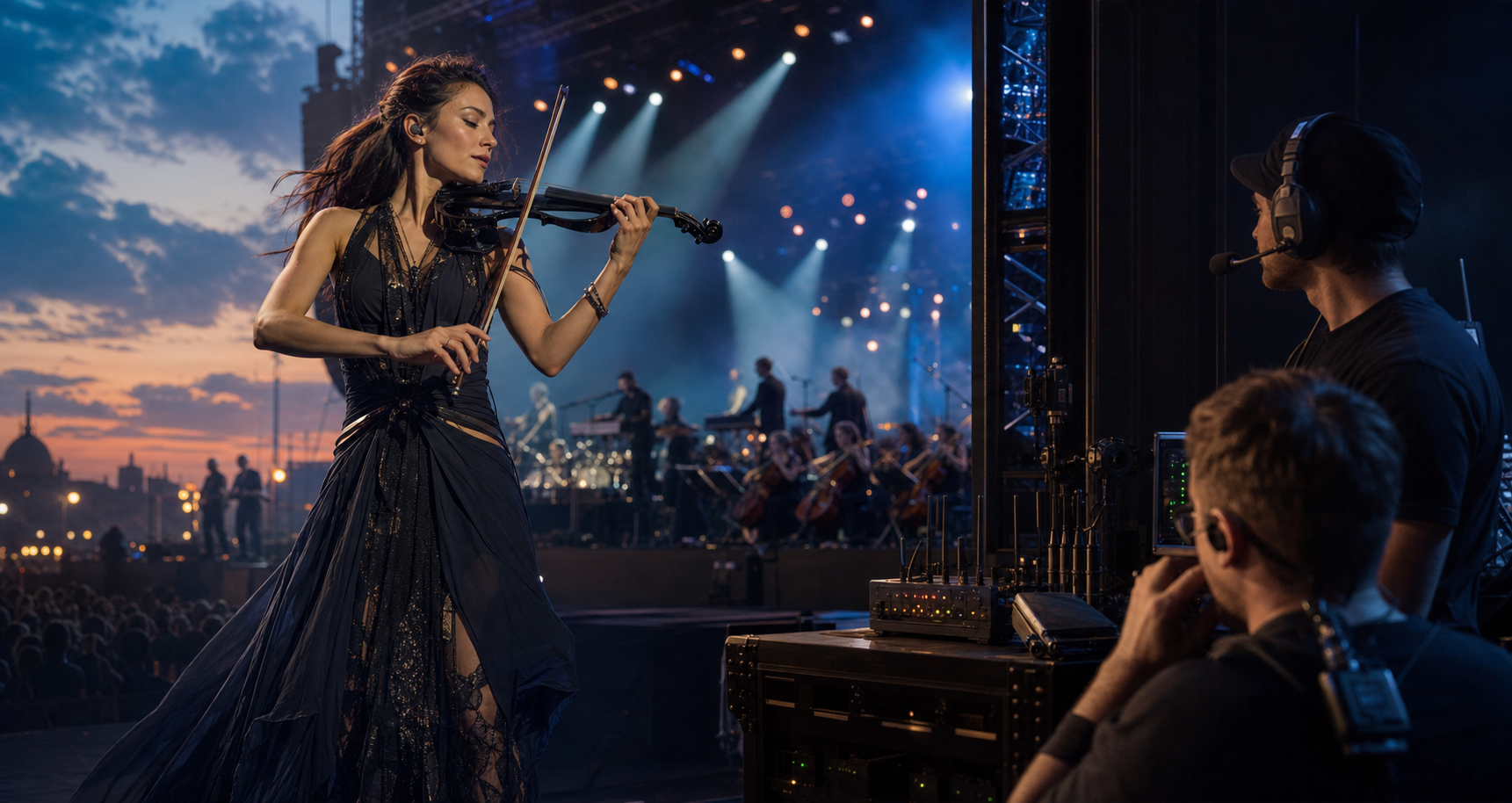 Редакционно изображение на crossover violin performance на открита сцена с backstage live-audio communication техника