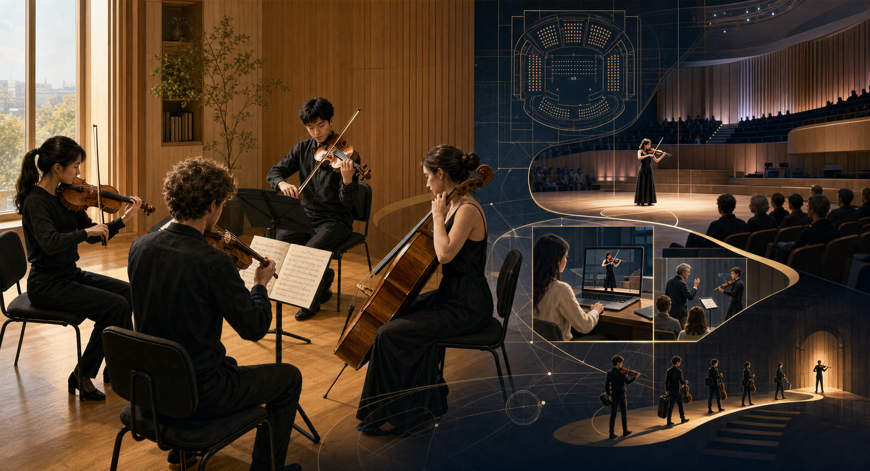 Редакционно изображение на камерни музиканти, competition зала и зрител, който гледа violin performance онлайн