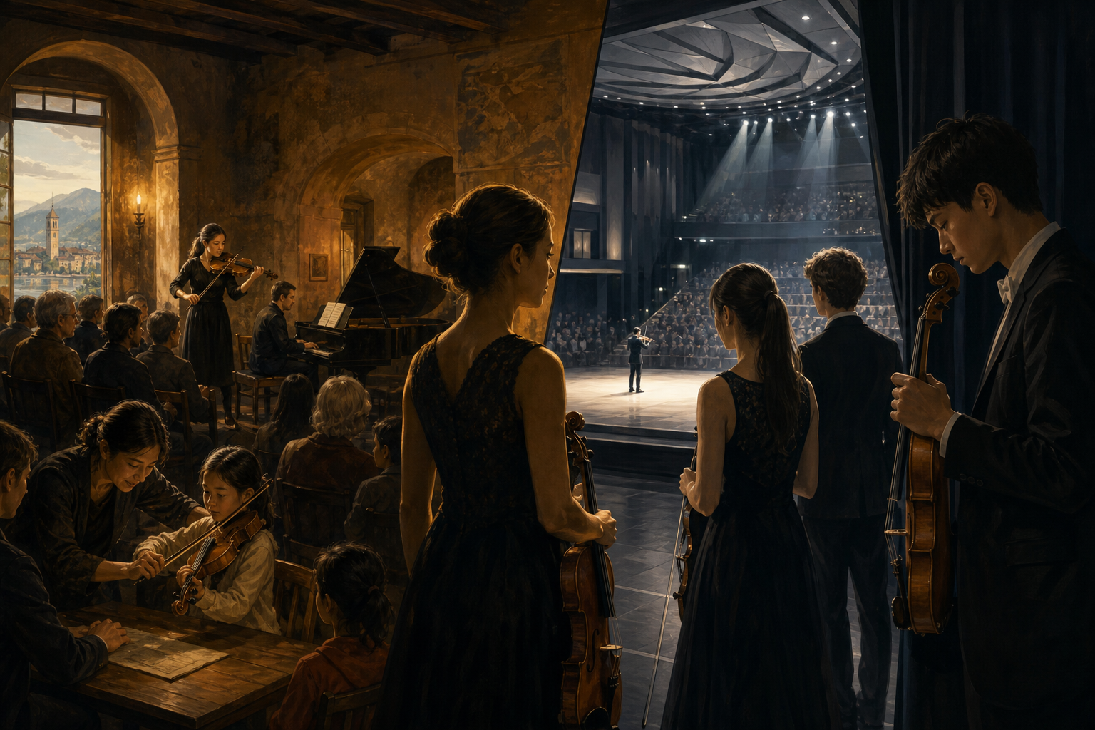 Редакционна илюстрация, която свързва community-rooted chamber recital пространство с формална модерна violin competition зала.