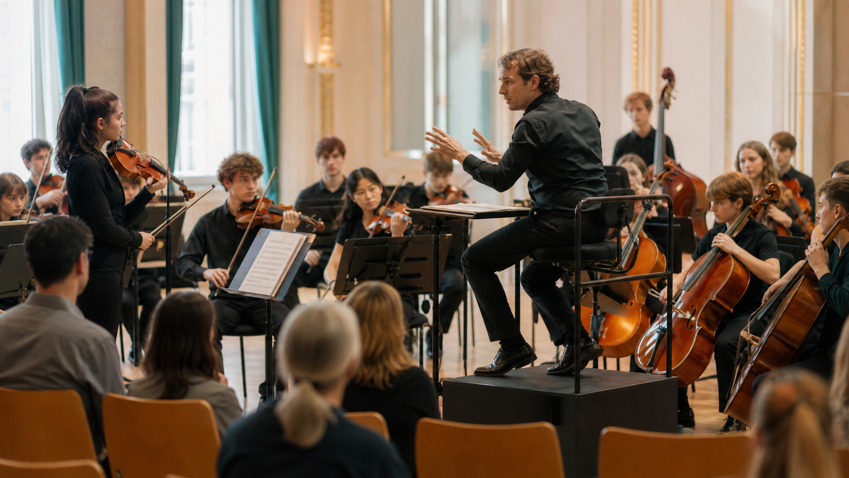 Редакционна илюстрация на диригент, който води младежки оркестър в open rehearsal, докато публика наблюдава от първите редове.