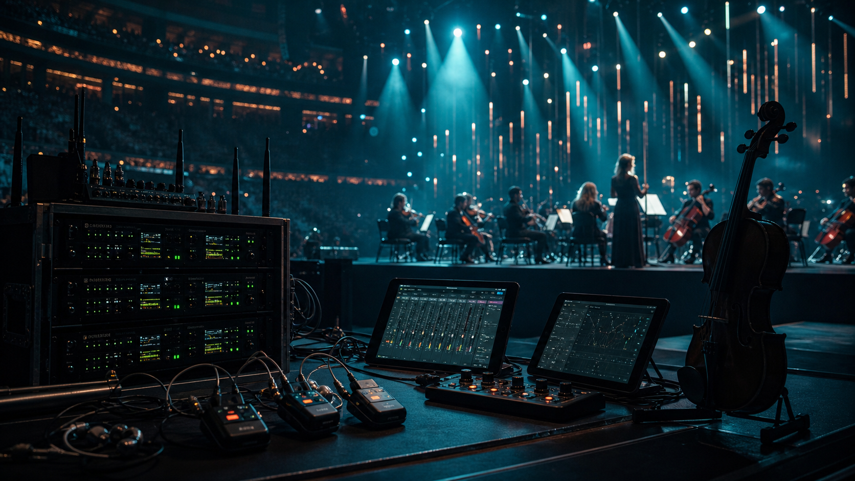 Редакционен образ на live production маса с wireless rack системи, in-ear пакети, контролни таблети и цигулка до осветена сцена.