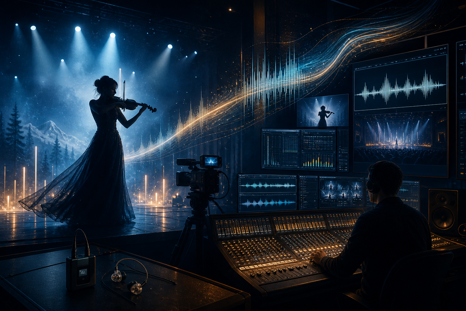 Редакционна илюстрация на цигулар в силует до камери, waveform екрани и live аудио пулт под синя и кехлибарена сценична светлина.