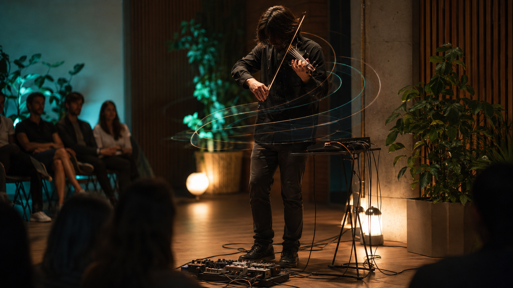 Electric violin изпълнител изгражда живи слоеве с компактен loop station в интимна зала.